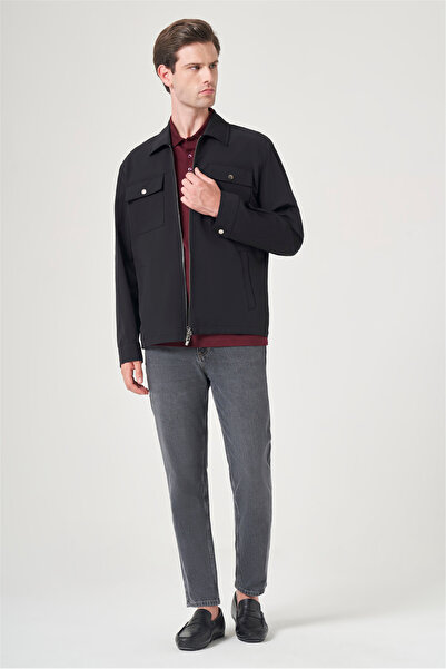 İmza Black Berber Collar Gabardine Plain Slim Fit Casual Coat 1007260151