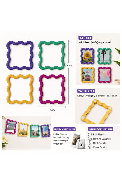 ART CLUB STUDIO Yapışkanlı Mini Fotoğraf Çerçevesi 4’lü Set - Instax Mini Uyu...