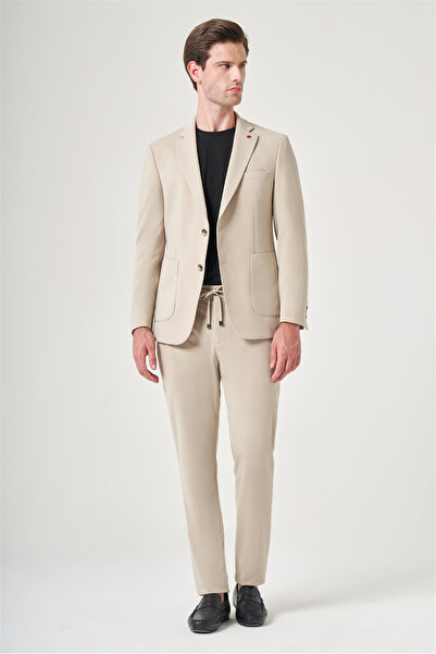 İmza Beige Mono Collar 6 Drop Slim Fit Elastic Waist Suit 1001260194