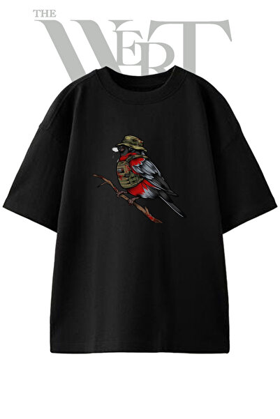 THEWERT Savasci Kus Design Printed Unisex Black Oversize T-Shirt