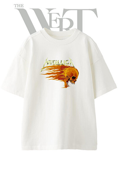 THEWERT Tricou oversize alb unisex cu imprimeu Metallica Flame Skull Design