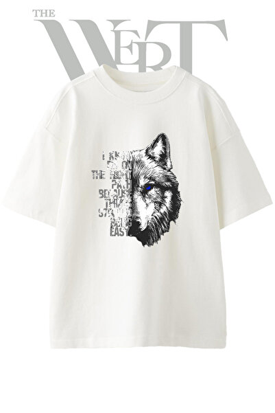 THEWERT Blue-Eyed Wolf Design Printed Unisex White Oversize T-Shirt