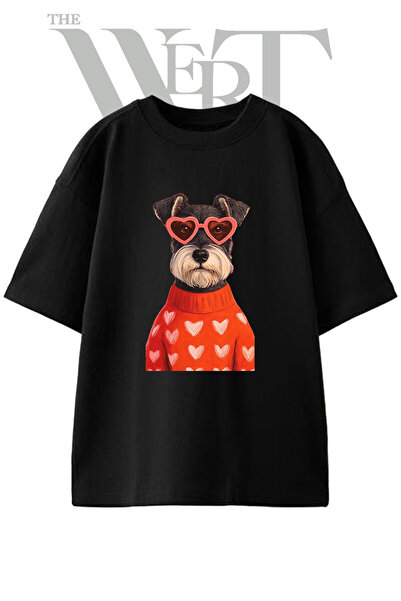 THEWERT Schnauzer Heart Design Printed Unisex Black Oversize T-Shirt