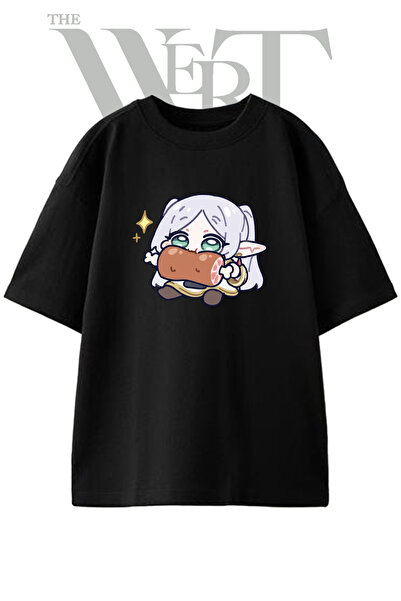 THEWERT Frieren Chibi Design Printed Unisex Black Oversize T-Shirt