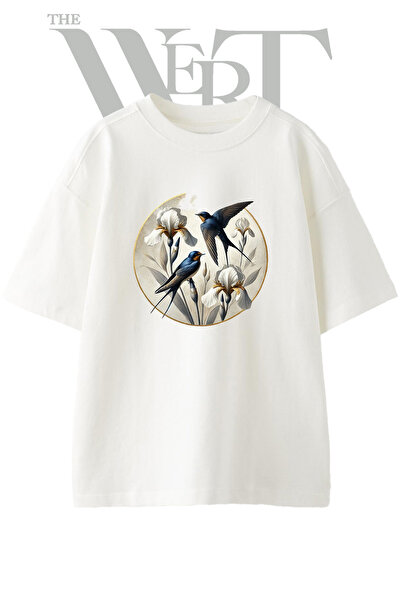 THEWERT Tricou oversize alb unisex cu imprimeu Kirlangic Iris Design