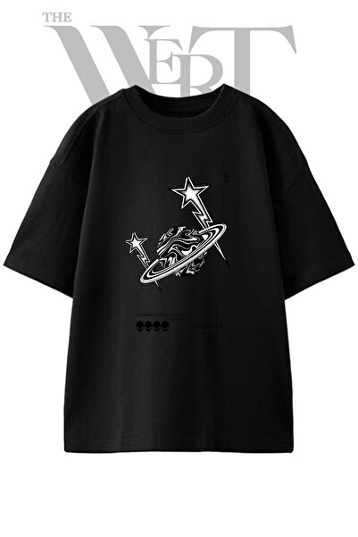 THEWERT Saturn Lightning Design Printed Unisex Black Oversize T-Shirt