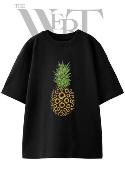 THEWERT Ananas i suncokret dizajn, štampana unisex crna oversize majica