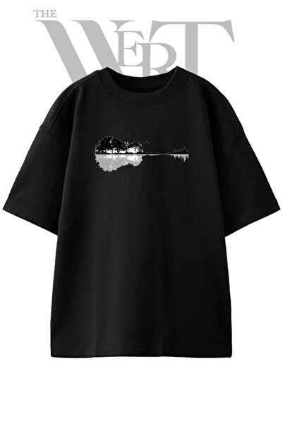 THEWERT Doga Sehir Guitar Design Printed Unisex Black Oversize T-Shirt