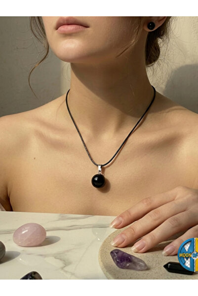 Moon of Noon Natural Black Onyx Stone Round Ball Shape Pendant Necklace with ...