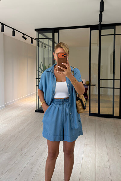Sezgi Tekin Blue Tensel Denim Shirt/Shorts Set