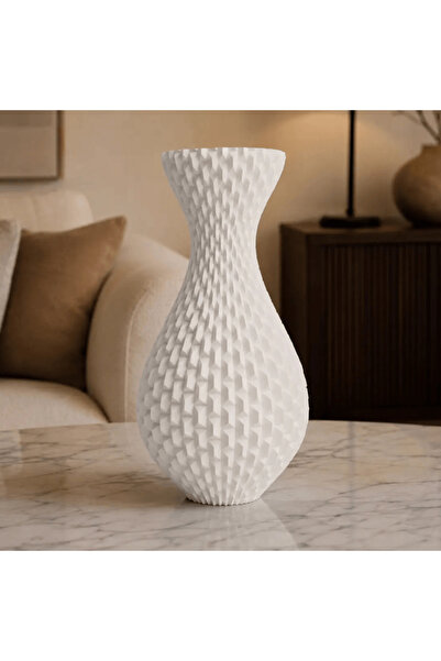 OEM Vaza decorativa alb mat, 20 cm, cu textura geometrica, ideala pentru flor...