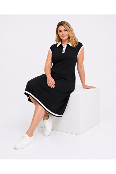 Şans Women's Plus Size Black, Sleeveless, Collar and Piping Detailed Viscose ...