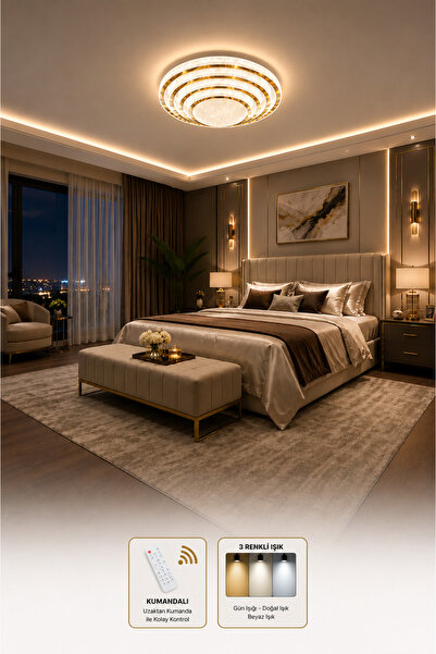 Modavize Safir LED GOLD Avize Modern Tasarımlı Uzaktan Kumandalı 3 Renk Dimme...