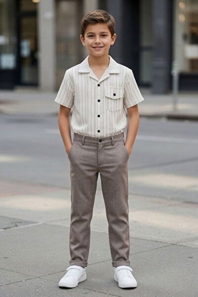 Cansın Mini Set 2 piese cămașă și pantaloni din in cu dungi pentru băieți mar...