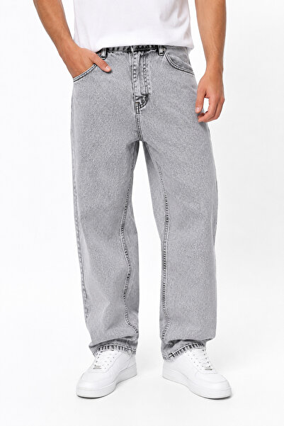 SHAYI Men's Gray Buggy Jean Trousers Loose Fit Washed Denim Casual Comfortabl...