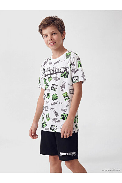 LC Waikiki LCW Kids Ecru Minecraft šorti za dečake sa printom, set pidžama