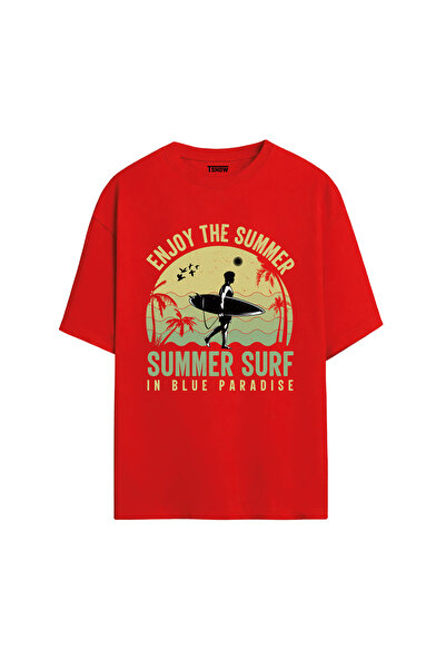 Summer Surf Baskılı PREMİUM Bisiklet Yaka %100 Pamuk kısa kollu Oversize Tshirt E-02