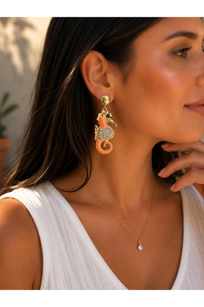 ANKA JEWELLRY Somon Sea Horse Detail Women's Steel Earrings |   Zircon Stone ...