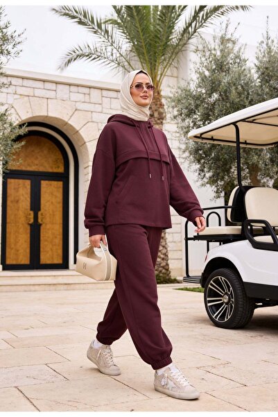 Aselim Hijap Moda Kanguru Cepli Modal Eşofman Takımı – Kapüşonlu -Mürdüm