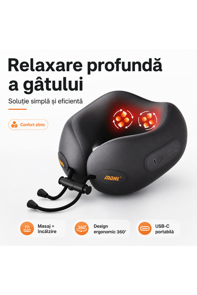 iTin Perna masaj cervical inteligenta, incalzire, design ergonomic 360°, USB-...