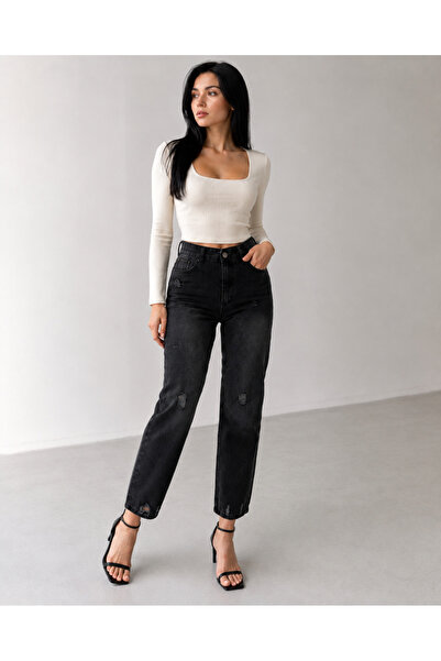 SHEVEGA Black High Waist Ripped Detailed Boyfriend Mom Jean Jeans