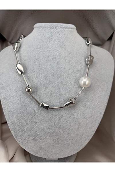 ZS Aksesuar Women's Silver Color Pearl Detailed Geometric Metal Bead Necklace...