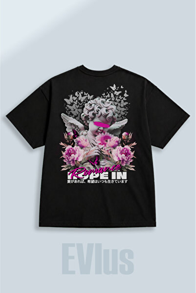 EVIus Tricou negru supradimensionat, cu imprimeu Hope in Romance, 100% bumbac...