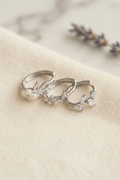 Mega Bazaar Set of 3 Flower Model Silver Color Women's Earrings
