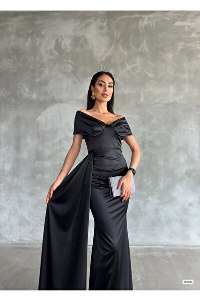 Modafeminen Madonna Collar Side Draped Satin Evening Dress 582846 Black