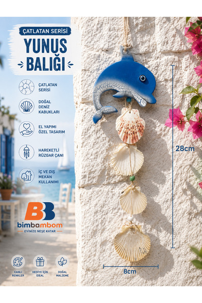 bimbambom Deniz Kabuklu, Yunus balığı Sarkaç,Rüzgar Çanı, Dekoratfi Duvar süs...