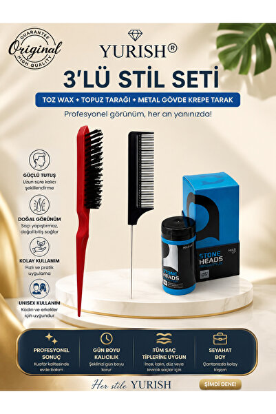 YURISH 3'lü Stil Seti – Toz Wax + Topuz Tarağı + Metal Gövde Krepe Tarak