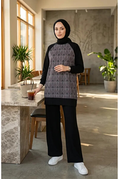 sefamerve Patterned Tunic Trousers Double Set 2260-03 Black Claret Red