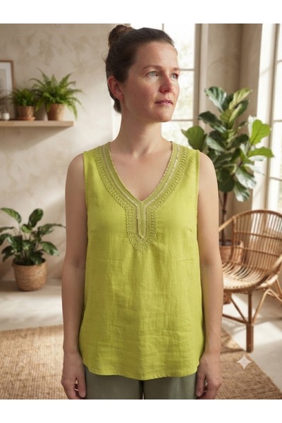 AYASOFYA OTANTIK Women's Italian Collar Sequined Zero Sleeve Linen Blouse