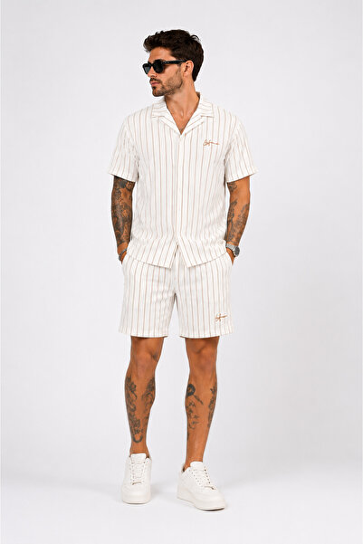 SHAYI Men's Striped Short-Sleeved Shirt Shorts Set – Summer Casual Fit Two-Pi...