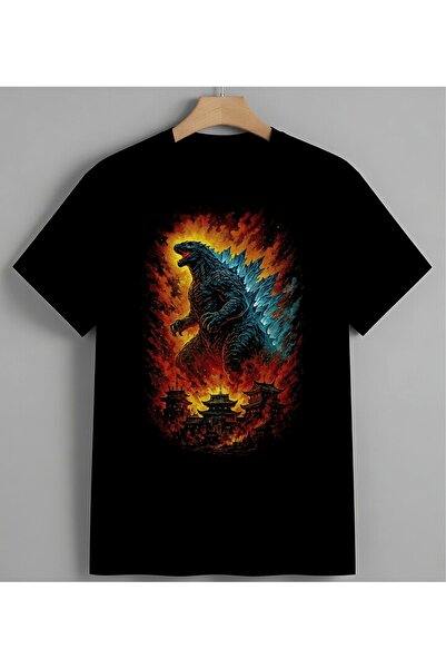 Godzilla Dinozor Ates Enerji Syh Unisex Erkek Kadın Oversize Tişört Siyah