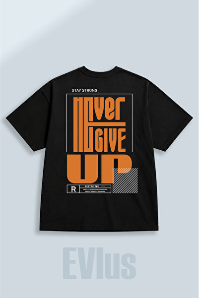 EVIus Tricou negru oversize, cu imprimeu „Never Give Up”, 100% bumbac, cu dec...