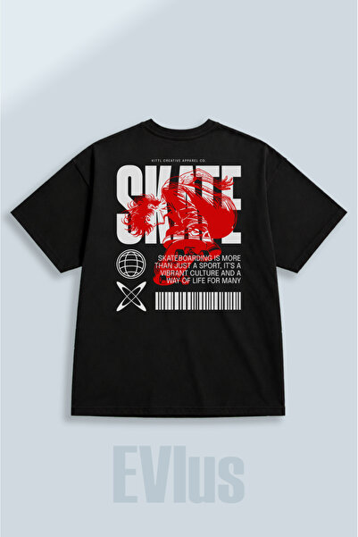 EVIus Tricou negru oversize, cu imprimeu Skate Skateboard, 100% bumbac, cu de...
