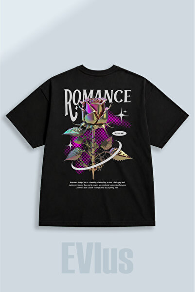 EVIus Tricou negru oversize cu imprimeu Romance, 100% bumbac, cu decolteu rot...