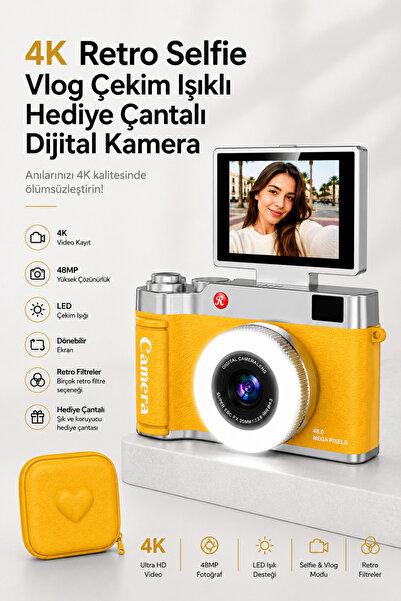 RoseandRoses 4K Retro Selfie Vlog Çekim Işıklı Hediye Çantalı Dijital Kamera ...