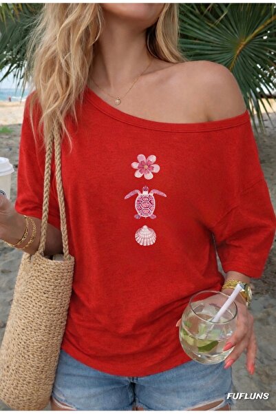 FUFLUNS Sea Shell Flower Printed Oversized Women's Boat Neck T-Shirt