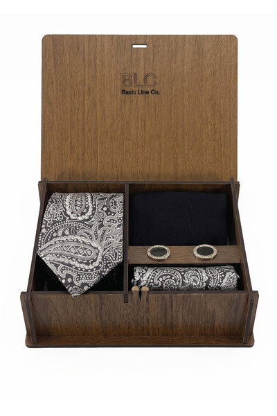 BLC Basic Line Co. Silver Gray Color Tie Set in Wooden Box |   Tie |   Pocket...