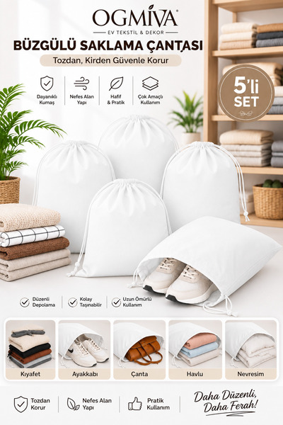 OgMiva 5'li Büzgülü Saklama Çantası 35x45 cm Nefes Alan Ayakkabı Kılıfı Toz K...