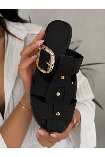 PLN SHOES شبشب نسائي من الجلد السويدي بتفاصيل مشبكية ومشبك مزخرف بارتفاع 1.5 سم