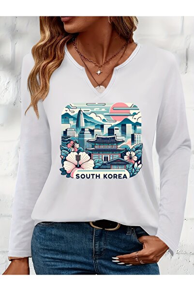 mercoledi South Korea Printed Cotton Half V-Neck Long Sleeve Blouse
