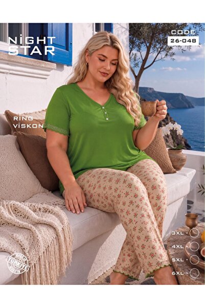 Night Star Set de pijamale din viscoză verde, cu model floral Angel, cu nastu...