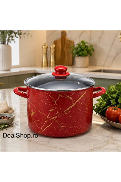 dealshopromania Enamelled pot 10 L with glass lid, model Red Marble 26 cm, re...