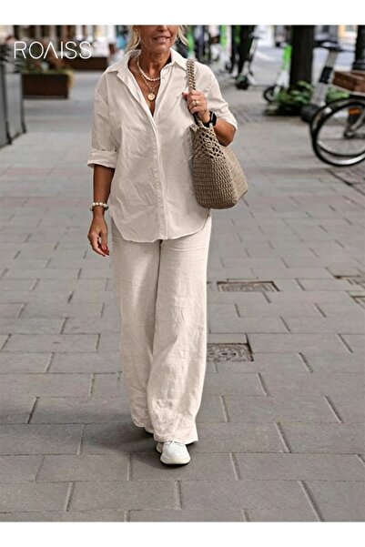 ROAISS Ladies Comfortable Cotton Linen 2 Piece Suit for Daily Commute, Shirt ...