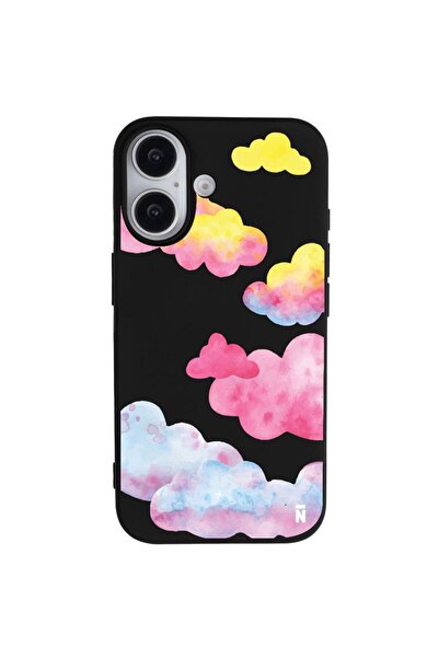 Casen iPhone 16 Plus Siyah Lansman Renkli Silikon Colorful Bulut Tasarımlı Kılıf