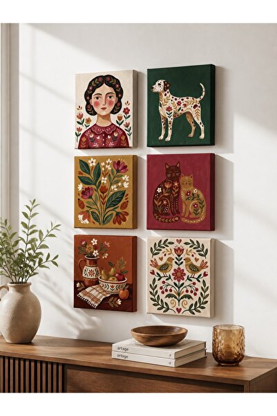 ARTAGE 6’lı Retro Modern Bohem Naif Sanat Kanvas Tablo Seti