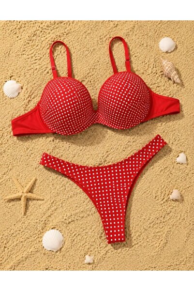 Nobrand Costum de Baie Damă 2 Piese Roșu cu Buline Albe, Push-Up cu Bretele R...